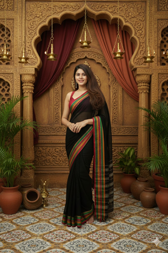 Black Anamika Narayanpeth Cotton Saree | With Unstitched Blouse Piece For Women