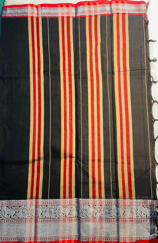Black Vasudha Narayanpeth Cotton Saree | With Unstitched Blouse Piece For Women
