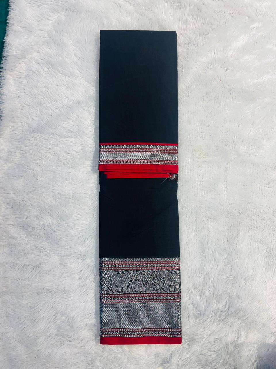 Black Vasudha Narayanpeth Cotton Saree | With Unstitched Blouse Piece For Women