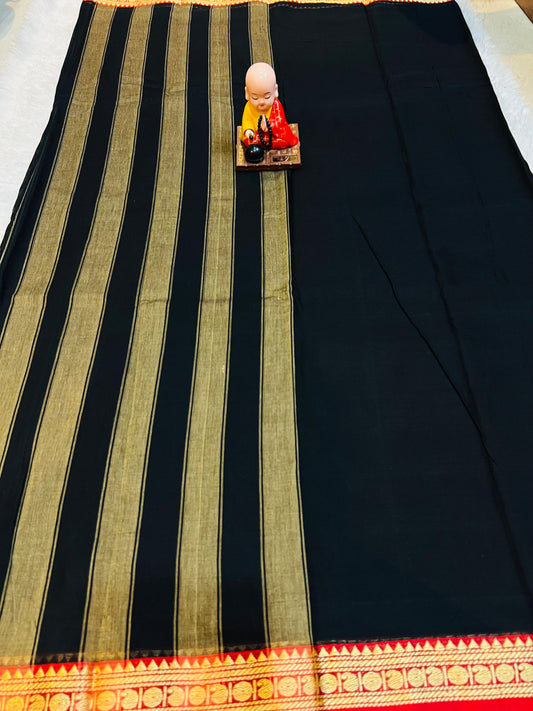 Black Poorna Narayanpeth Cotton Saree | With Unstitched Blouse Piece For Women
