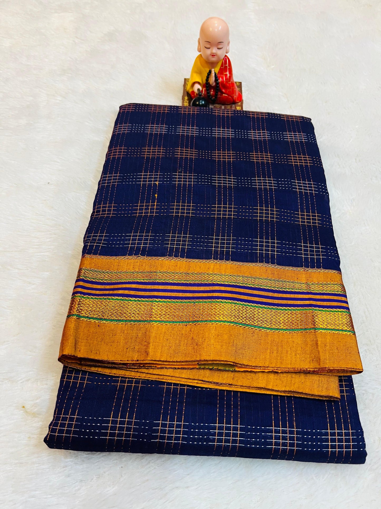 Blue Hash Checks Narayanpeth Cotton Saree | With Unstitched Blouse Piece For Women
