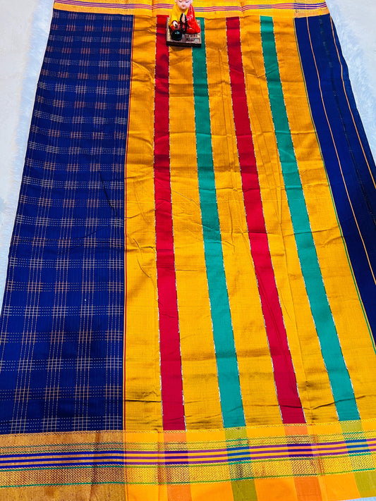 Blue Hash Checks Narayanpeth Cotton Saree | With Unstitched Blouse Piece For Women