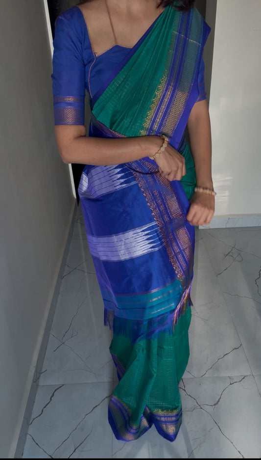 Blue zari checks Tana ilkal Saree | with unstitched blouse for women
