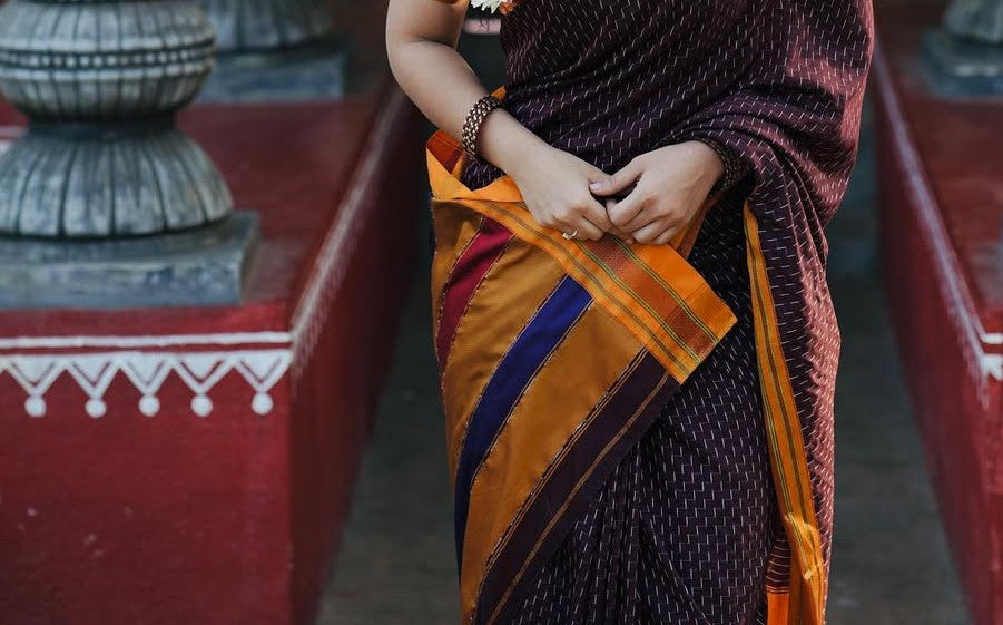 Chacolate Zigzag Narayanpeth Cotton Saree | With Unstitched Blouse Piece For Women