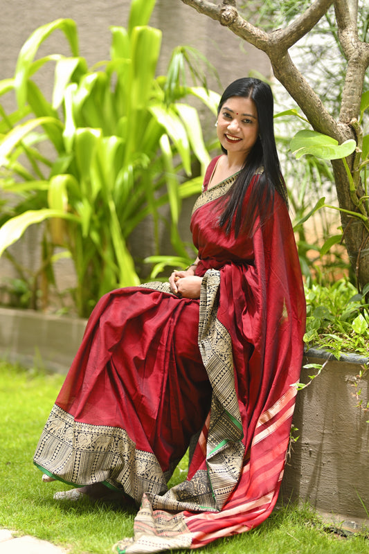 Maroon Khushi Narayanpeth Cotton Saree | With Unstitched Blouse Piece For Women