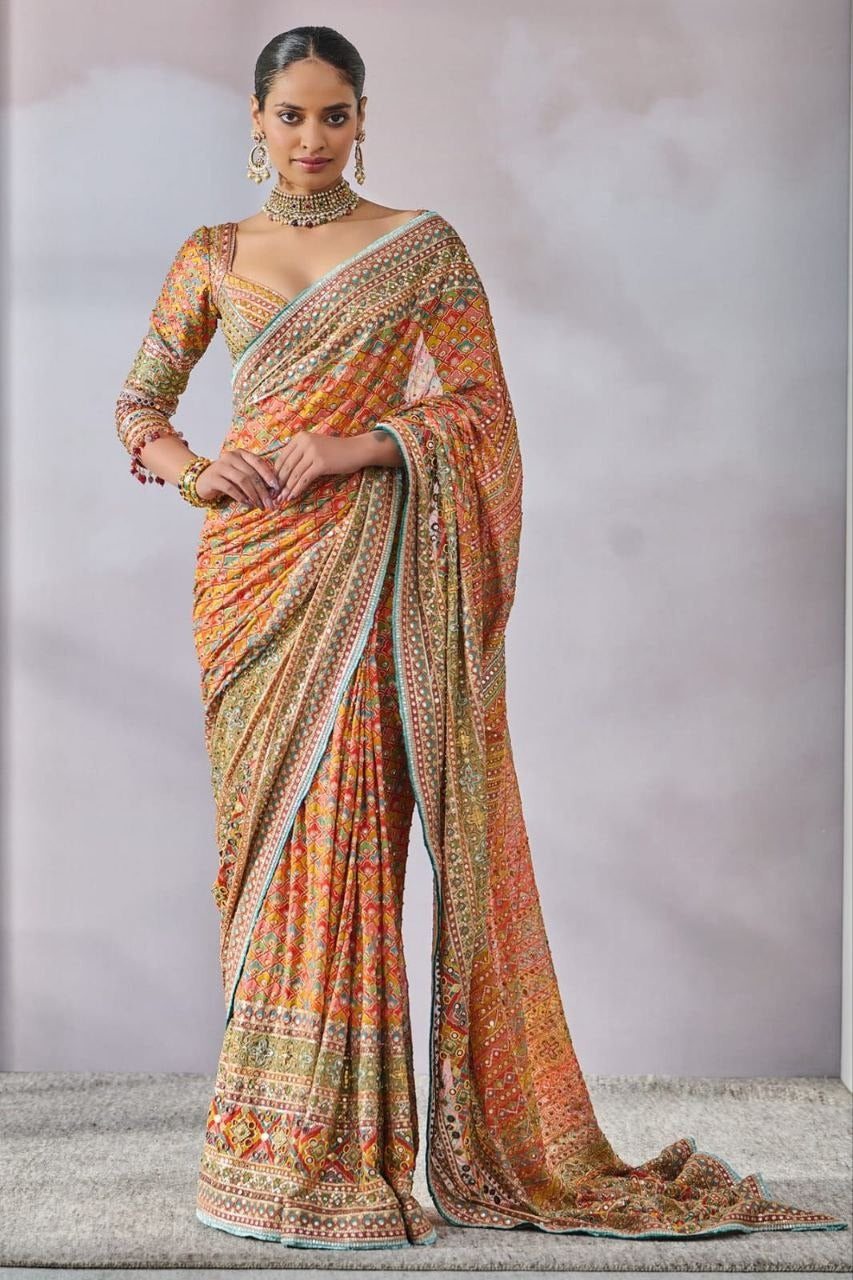 Madhuri Multi Blue Ajarakh Saree | With Unstitched Blouse
