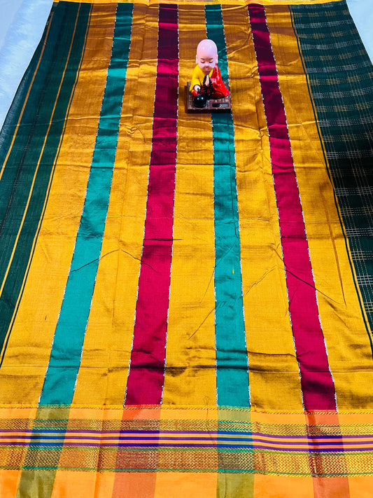 Mehandi Hash Checks Narayanpeth Cotton Saree | With Unstitched Blouse Piece For Women