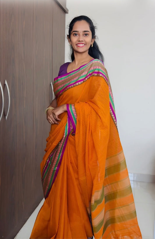Orange Sanskriti Narayanpeth Cotton Saree | With Unstitched Blouse Piece For Women