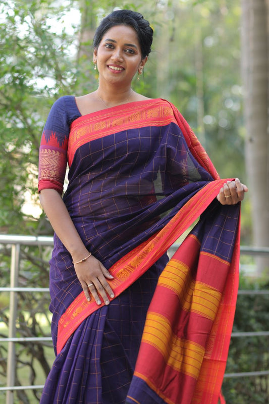 Purple Yukti Big checks Narayanpeth Cotton Saree | With Unstitched Blouse Piece For Women