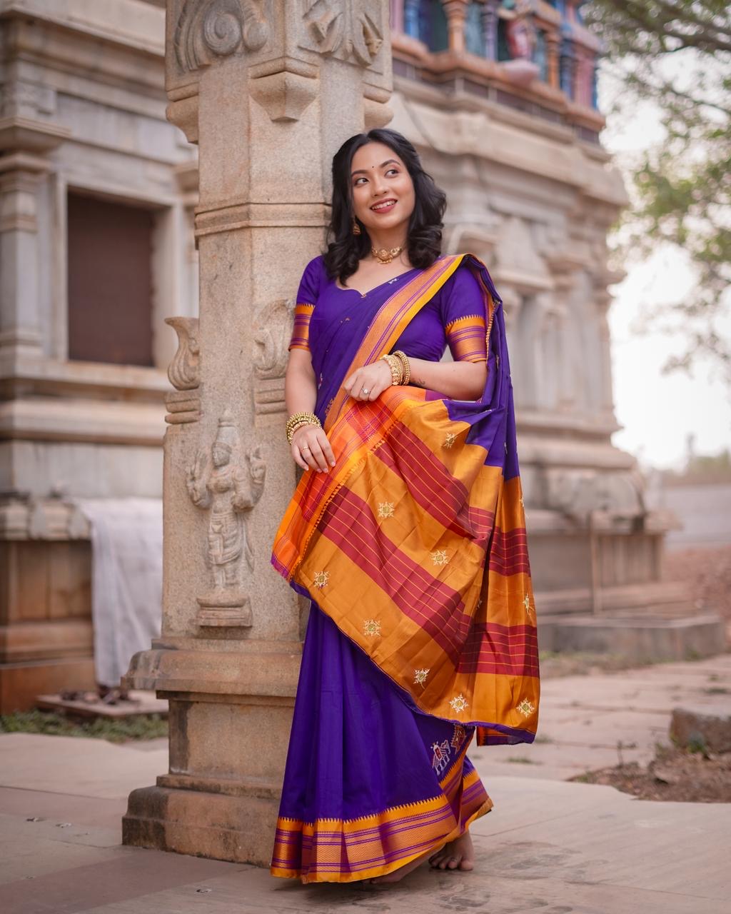 Purple kasuti satin cotton ilkal saree for women | with unstitched blouse
