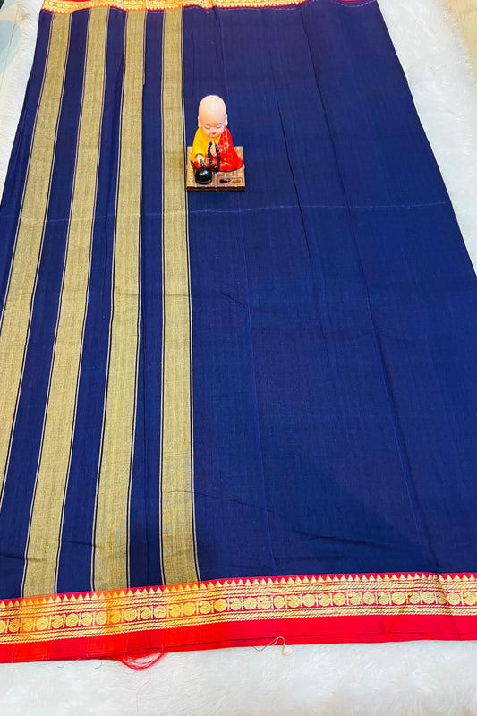 Royal Blue Poorna Narayanpeth Cotton Saree | With Unstitched Blouse Piece For Women