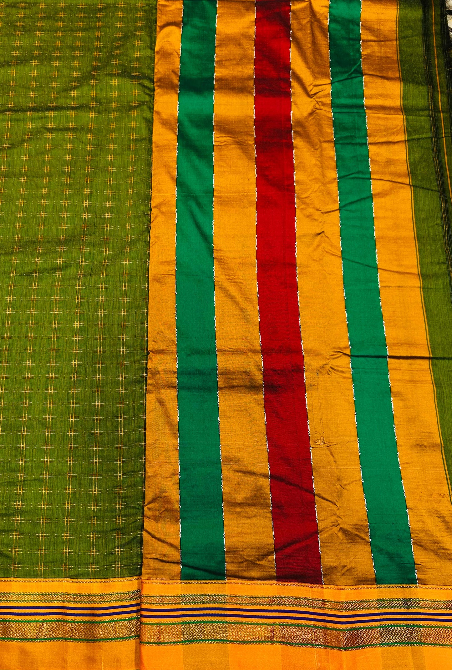 Moss green Double Hash Narayanpeth Cotton Saree | With Unstitched Blouse Piece For Women