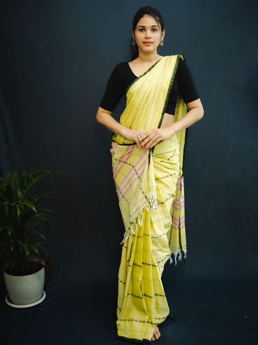 Light Yellow Rohini Narayanpeth Cotton Saree | With Unstitched Blouse Piece For Women