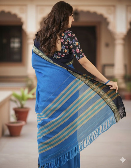 Blue Nidhi Narayanpeth Cotton Saree | With Unstitched Blouse Piece For Women