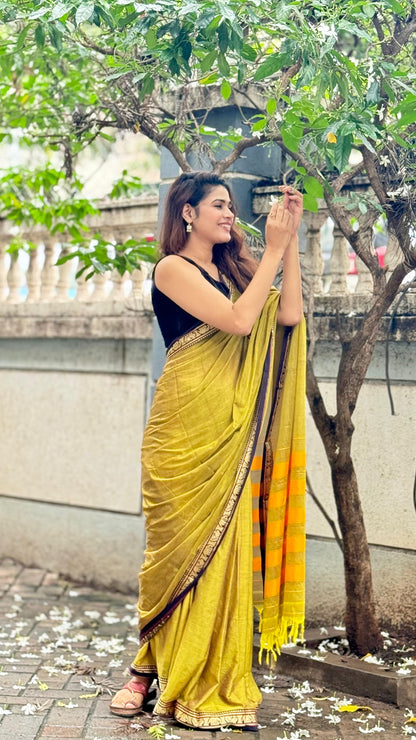 Adhira Mustard yellow Narayanpeth Cotton Saree | With Unstitched Blouse Piece For Women