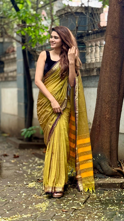 Adhira Mustard yellow Narayanpeth Cotton Saree | With Unstitched Blouse Piece For Women