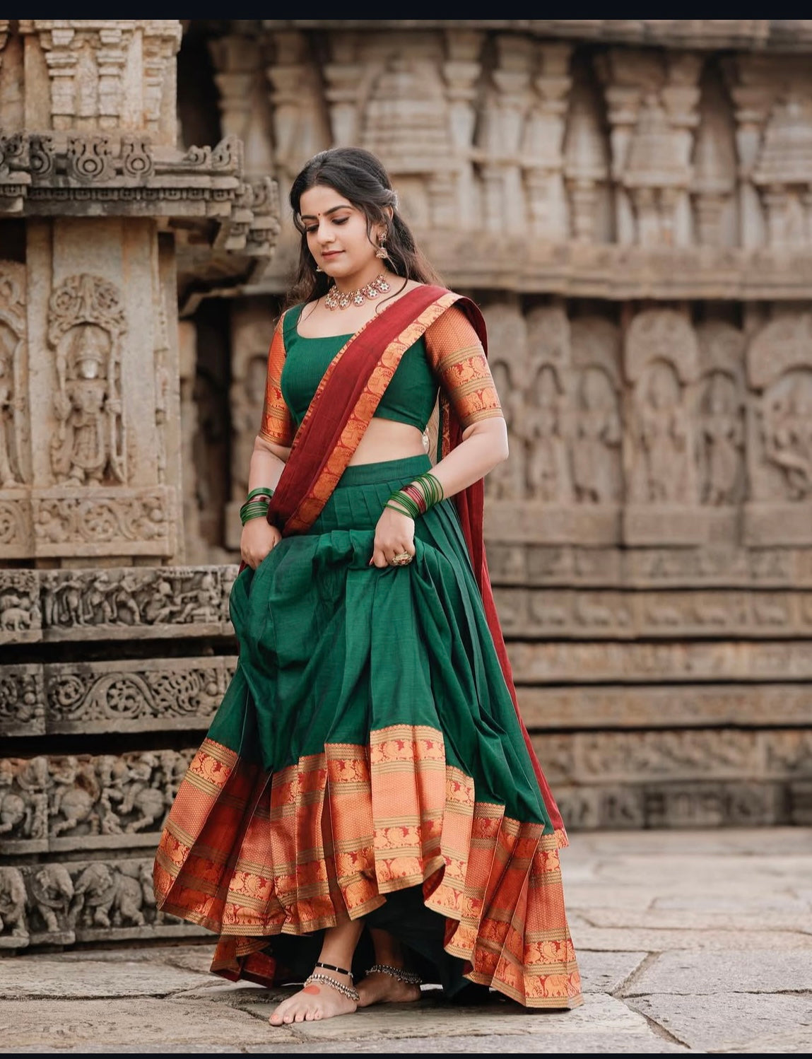 Akshara Bottle Green Narayanpeth Cotton Unstiched Lehanga Set | For Women