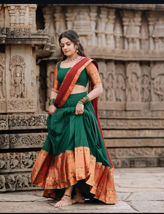Akshara Bottle Green Narayanpeth Cotton Unstiched Lehanga Set | For Women