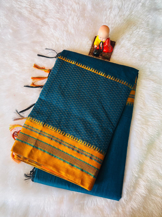 Aqua Blue Kohinoor Narayanpeth Cotton Saree | With Unstitched Blouse Piece For Women