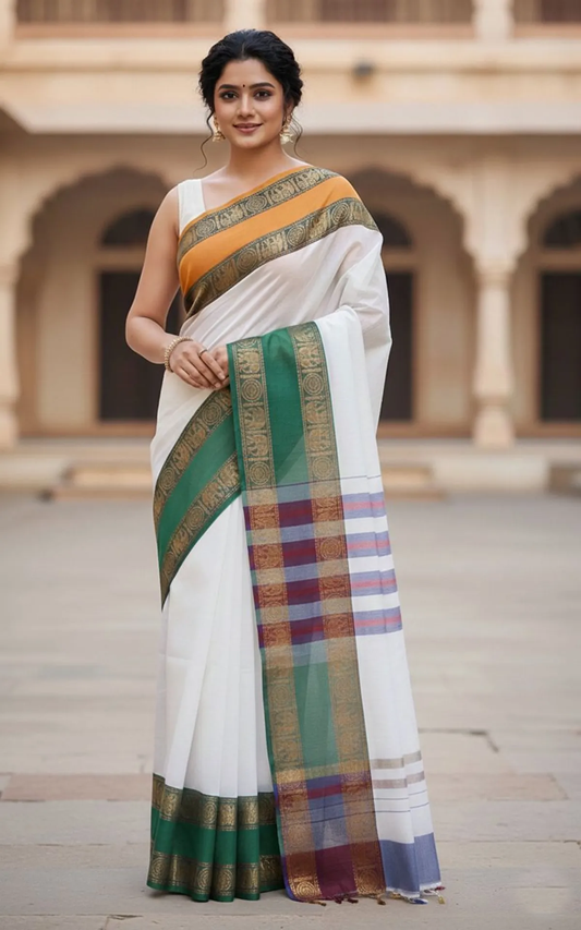 Bharat Sutra White Narayanpeth Cotton Saree | With Unstitched Blouse Piece For Women