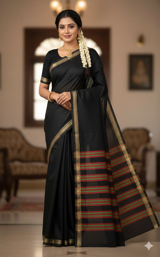 Black Akira Narayanpeth Cotton Saree | With Unstitched Blouse Piece For Women