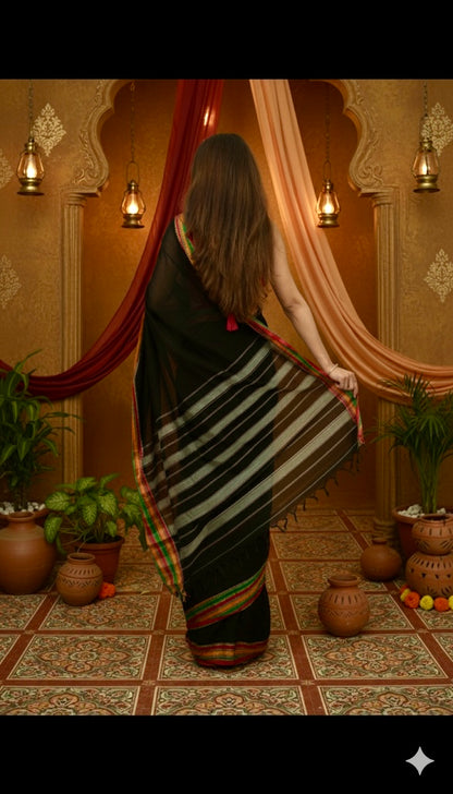 Black Anamika  Narayanpeth Cotton Saree | With Unstitched Blouse Piece For Women