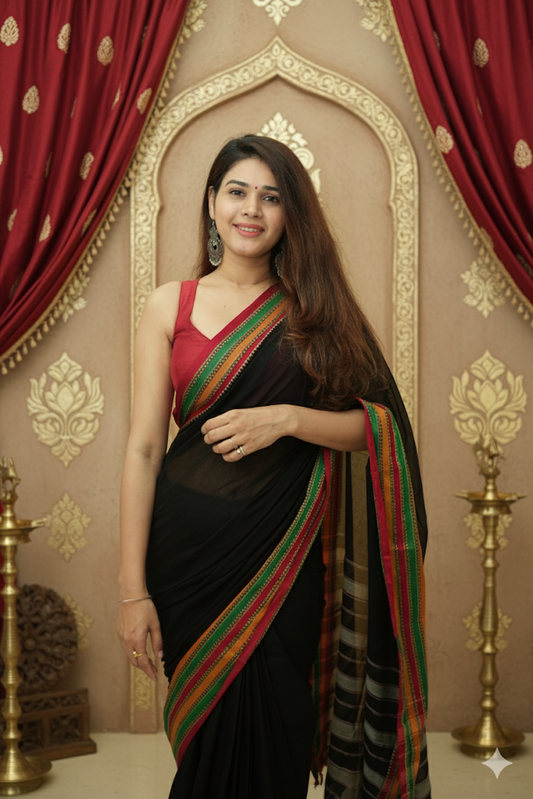 Black Anamika  Narayanpeth Cotton Saree | With Unstitched Blouse Piece For Women