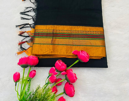 Black Ananya Acryclic Cotton Saree | With Unstitched Blouse Piece For Women