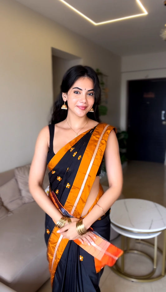Black Malini Cotton Silk  Saree | With Unstitched Blouse Piece For Women