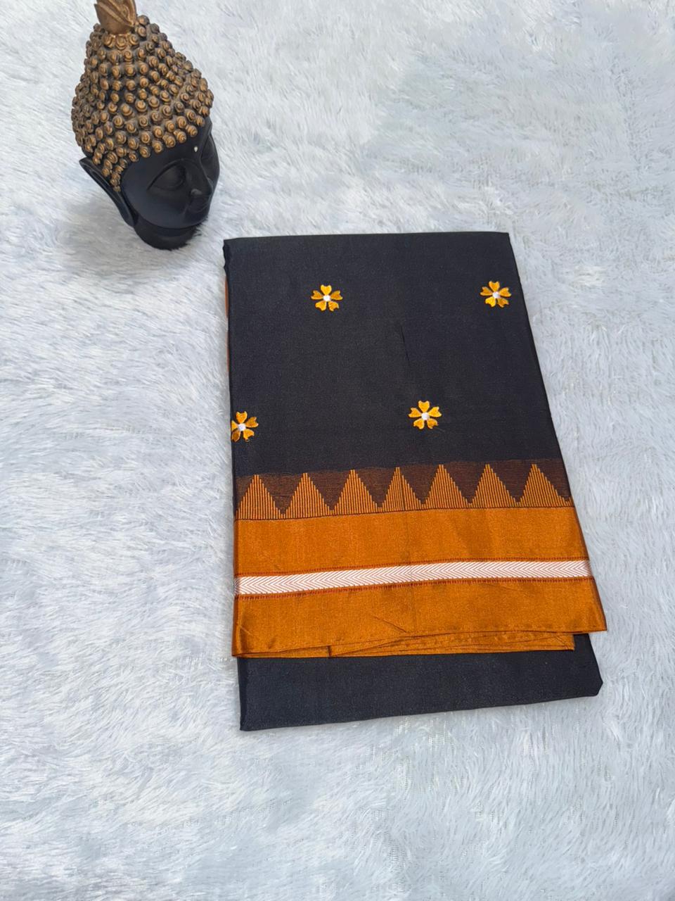 Black Malini Cotton Silk  Saree | With Unstitched Blouse Piece For Women