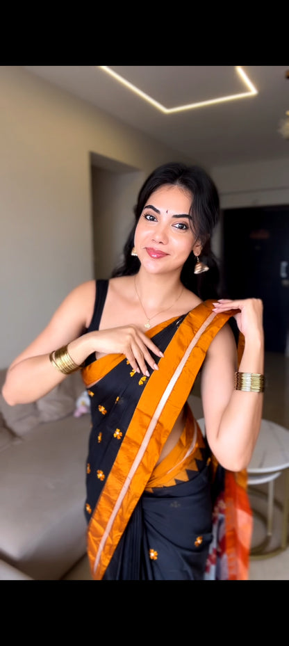 Black Malini Cotton Silk  Saree | With Unstitched Blouse Piece For Women