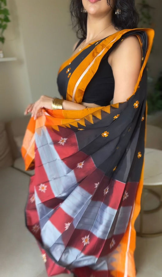Black Malini Cotton Silk  Saree | With Unstitched Blouse Piece For Women