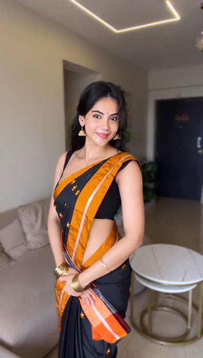 Black Malini Cotton Silk  Saree | With Unstitched Blouse Piece For Women