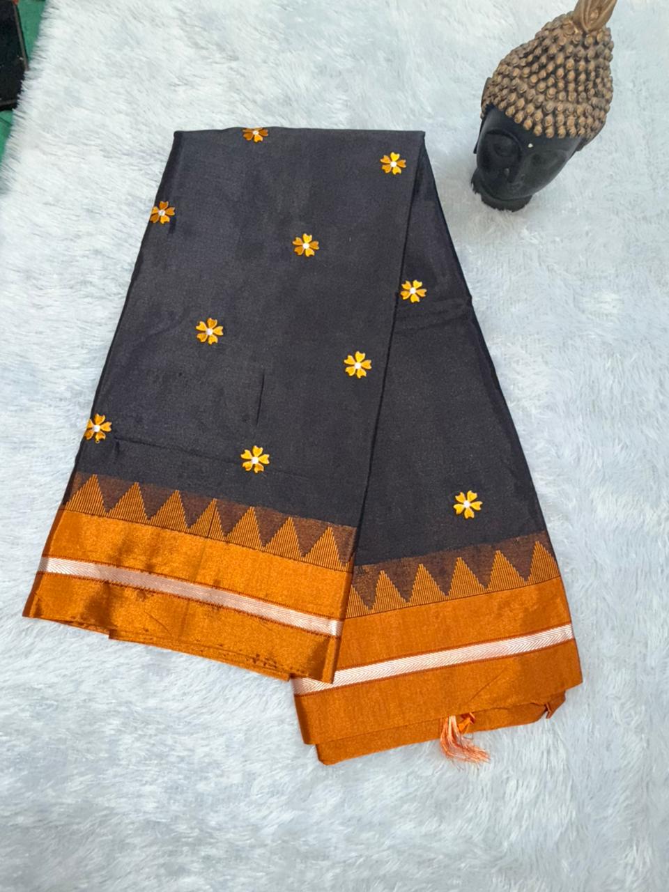 Black Malini Cotton Silk  Saree | With Unstitched Blouse Piece For Women