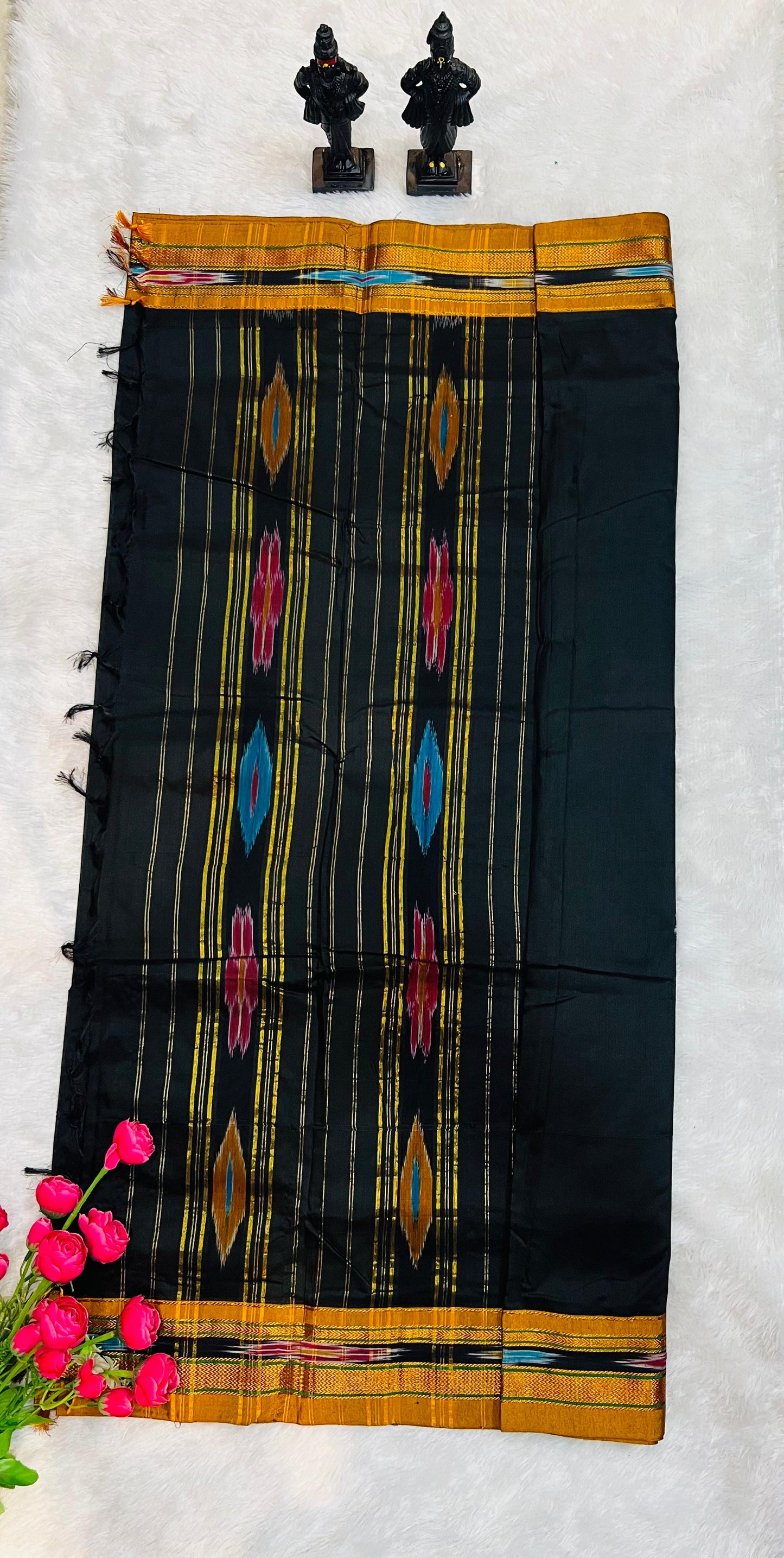 Black Patola Acrylic Cotton Saree | With Unstitched Blouse Piece For Women
