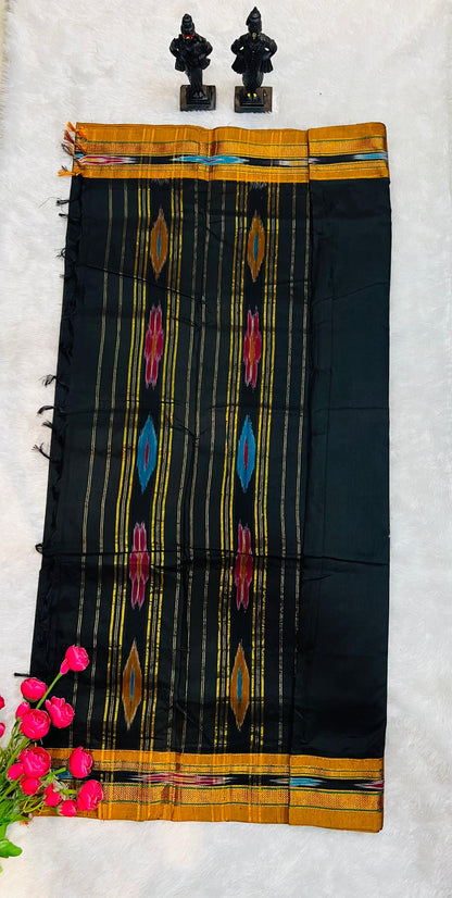 Black Patola Acrylic Cotton Saree | With Unstitched Blouse Piece For Women