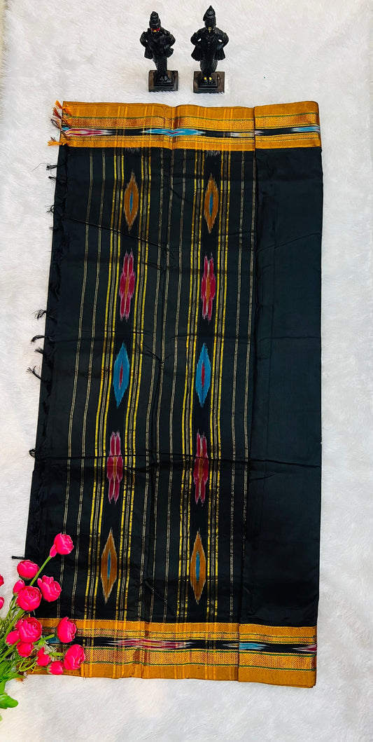 Black Patola Acrylic Cotton Saree | With Unstitched Blouse Piece For Women