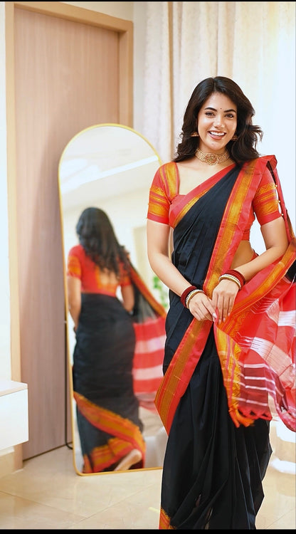 Black Plain Tana ilkal Saree | with unstitched blouse for women