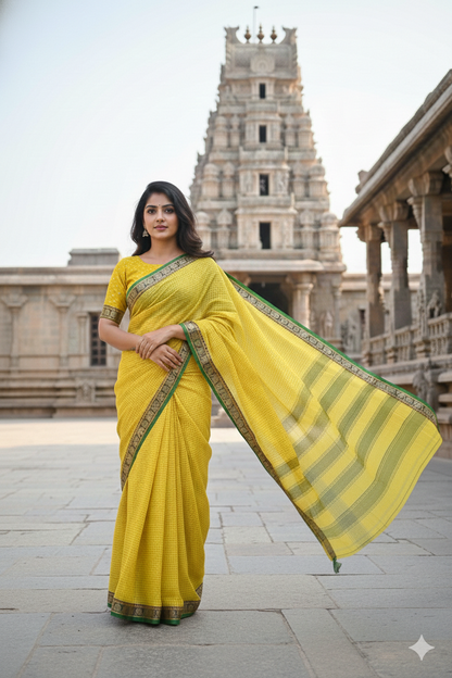 Lemon yellow Veda Narayanpeth cotton saare for women| with unstitched blouse