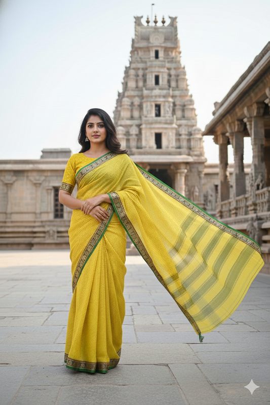 Lemon yellow Veda Narayanpeth cotton saare for women| with unstitched blouse