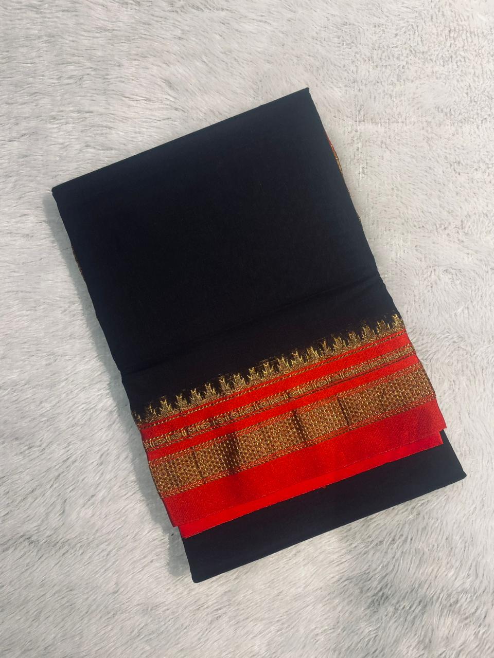 Black Plain Tana ilkal Saree | with unstitched blouse for women