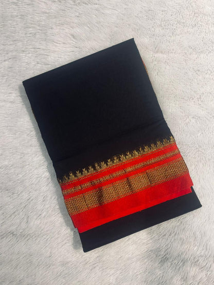 Black Plain Tana ilkal Saree | with unstitched blouse for women