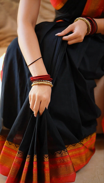 Black Plain Tana ilkal Saree | with unstitched blouse for women