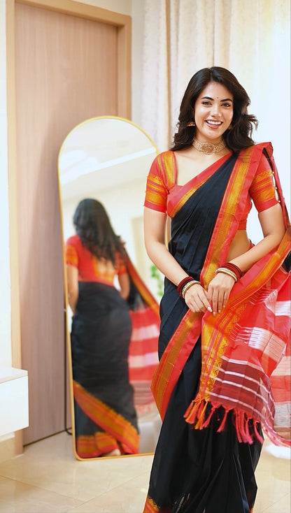 Black Plain Tana ilkal Saree | with unstitched blouse for women