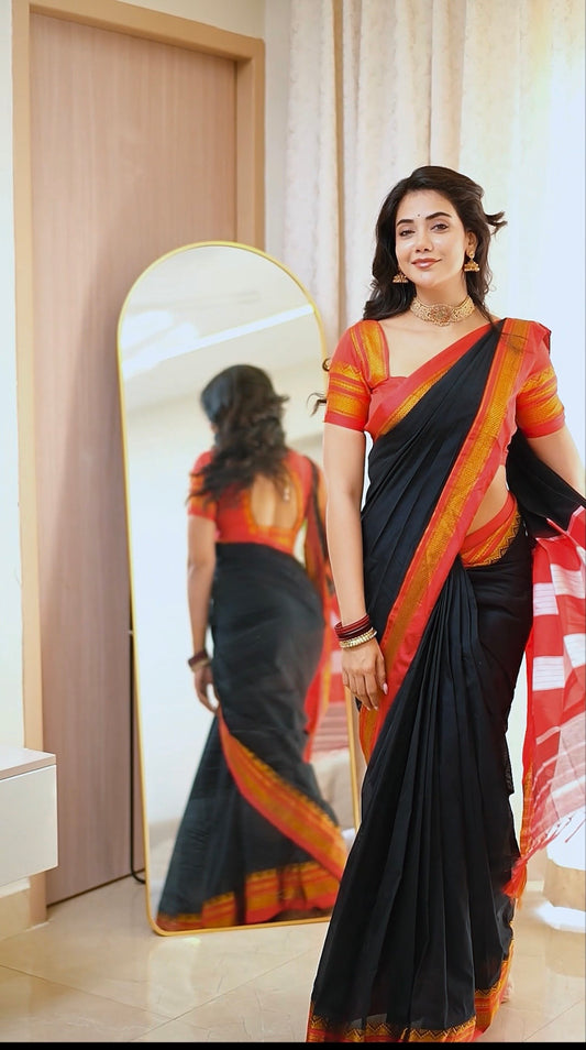 Black Plain Tana ilkal Saree | with unstitched blouse for women