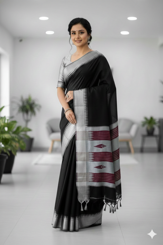 Black Radha Acrylic Cotton Saree | With Unstitched Blouse Piece For Women