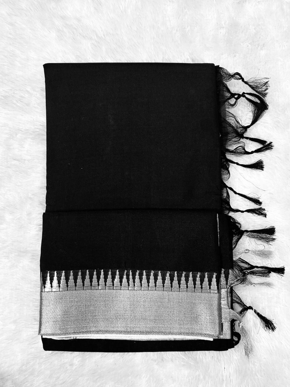 Black Radha Acrylic Cotton Saree | With Unstitched Blouse Piece For Women