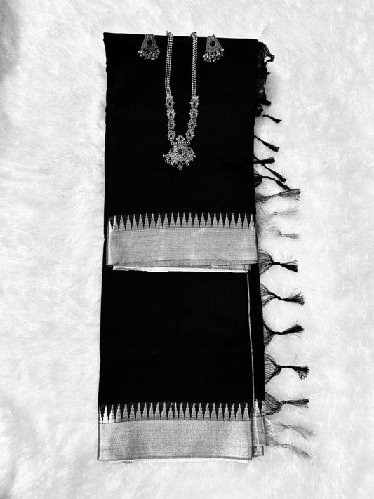 Black Radha Acrylic Cotton Saree | With Unstitched Blouse Piece For Women