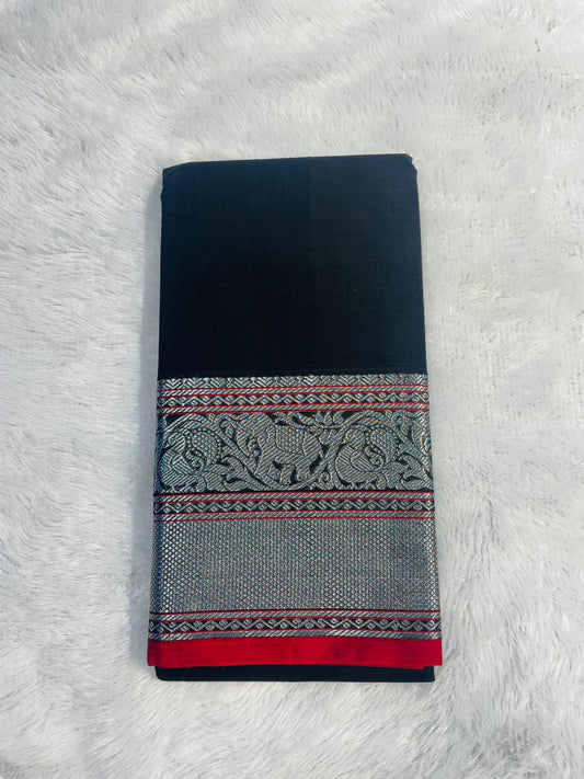 Black Vasudha Narayanpeth Cotton Saree | With Unstitched Blouse Piece For Women