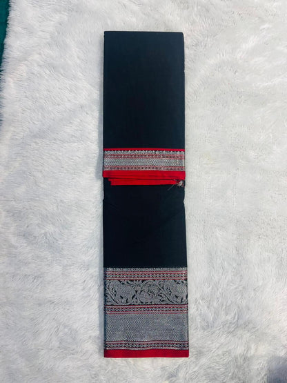 Black Vasudha Narayanpeth Cotton Saree | With Unstitched Blouse Piece For Women